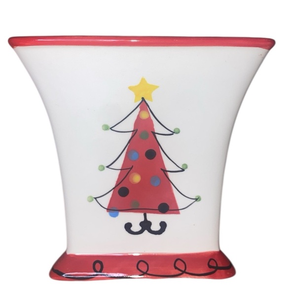 FTD Ceramic Floral Container Pot Vase Planter Christmas Tree Design WHT/RED/GRN - Picture 3 of 7